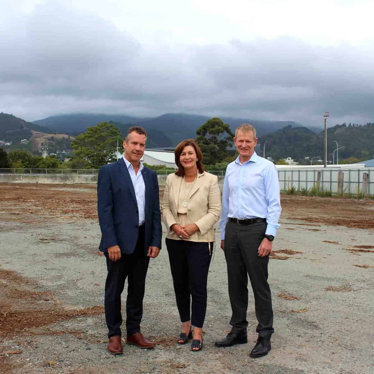 Cawthron Institute CEO Volker Kuntzsch, Mayor of Nelson Rachel Reece and Port Nelson CEO Hugh Morrison at the Proposed Science and Technology precinct site