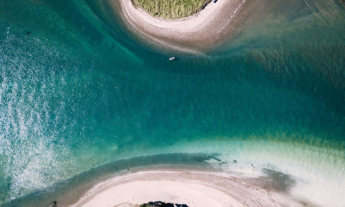 Aerial view of green blue ocean with white sand beaches